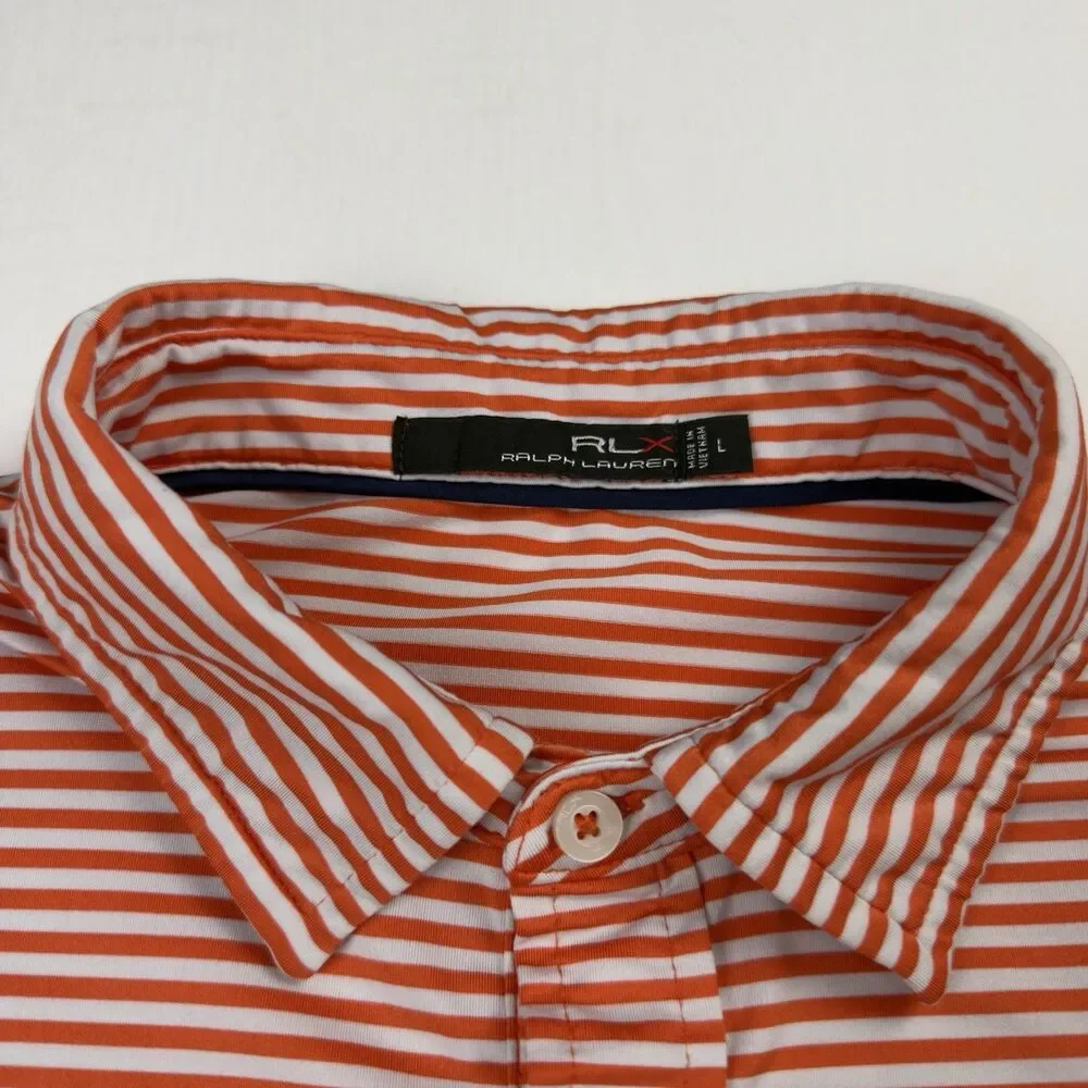 RLX Ralph Lauren Golf Polo Mens L Orange, White Stripe 2016 US Open Oakmont